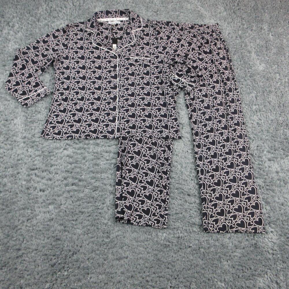 White Mark Pajama Set Womens L Blue Heart Graphic Print Collared Long Sleeve NWT